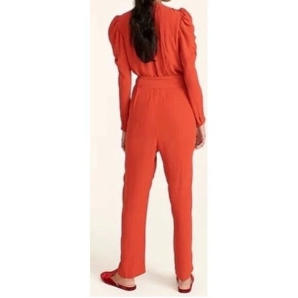 J CREW Puff Sleeve Casual Jumpsuit Straight Fit RED ORANGE Drapey Size 4 NEW - Picture 2 of 15